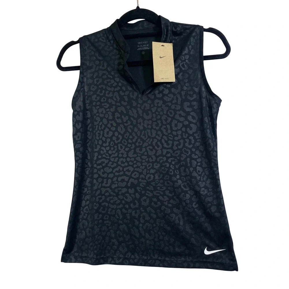 Nike Dri Fit Women Golf Sleeveless Top‎ XS Black Leopard Print Athletic Shirt